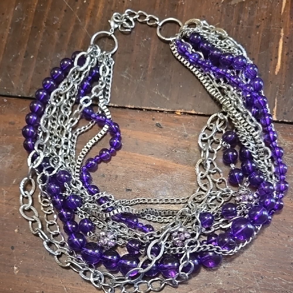 Vintge Y2k Chunky Purple and Silver Chain Layered Beaded Necklace
